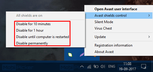 disable avast for 10 minutes on mac